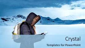  Presentation with explorer - Audience pleasing theme consisting of traveler girl with a map in the snowy area of the north pole extreme winter travel to the mountains active lifestyle of a young explorer iceland backdrop and a light blue colored foreground