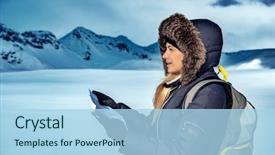  Presentation with north pole - PPT layouts featuring traveler girl with a map in the snowy expanses of the north pole extreme winter travel to the mountains active lifestyle of a young explorer background and a light blue colored foreground