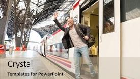  Presentation with traveler - PPT layouts featuring someone on train station platform background and a coral colored foreground