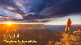  Presentation with inspiring - Presentation enhanced with traveler-on-cliff-mountains-over background and a tawny brown colored foreground