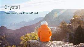  Presentation with inspiring - PPT theme consisting of traveler-on-cliff-mountains-over background and a sky blue colored foreground