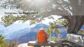  Presentation with inspiring - PPT theme having traveler-on-cliff-mountains-over background and a light gray colored foreground