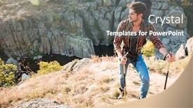  Presentation with traveler - Theme having traveler with backpack stands near the canyon looking away full length image background and a gray colored foreground