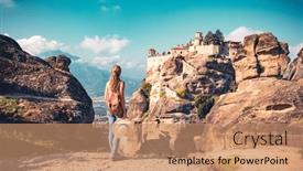  Presentation with panoramic - PPT theme featuring traveler-woman-enjoying-panoramic-view and a coral colored foreground