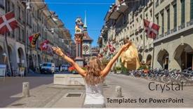  Presentation with city street - Presentation design featuring traveler-woman-in-berne-city background and a coral colored foreground