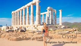  Presentation with ancient ruins - Presentation theme consisting of traveler-woman-in-enjoying-ancient and a coral colored foreground