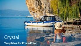  Presentation with macedonia - PPT theme with traveler-woman-in-macedonia-ohrid and a ocean colored foreground