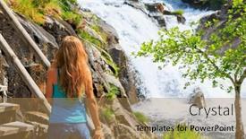  Presentation with waterfall woman - PPT theme featuring traveler-woman-looking-at-waterfall background and a coral colored foreground