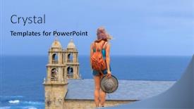  Presentation with traveler - Slide set enhanced with traveler-woman-tourist-enjoying-view background and a light blue colored foreground