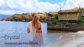  Presentation with traveler - Slide set having traveler-woman-tourist-in-galicia background and a light blue colored foreground