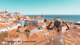  Presentation with panoramic - Presentation design featuring traveler-woman-tourist-on-balcony background and a coral colored foreground