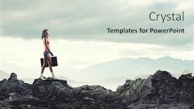  Presentation with traveler - Presentation theme enhanced with traveler woman walking with retro suitcase in hand background and a light gray colored foreground