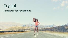  Presentation with traveler - Presentation having traveler woman with retro suitcase waiting for car background and a sky blue colored foreground