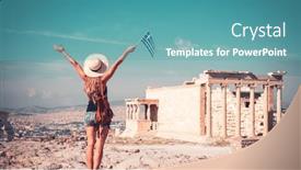  Presentation with traveler - PPT theme with traveler-young-female-with-hat and a teal colored foreground