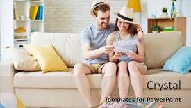  Presentation with air - Colorful presentation theme enhanced with travelers looking at air tickets backdrop and a coral colored foreground