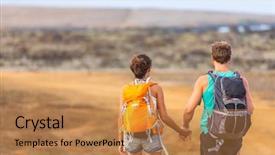  Presentation with walking together - Audience pleasing presentation design consisting of travelers on travel adventure trek backdrop and a coral colored foreground