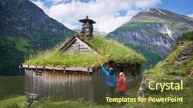  Presentation with traditional houses illustration - Slide deck with travelers visiting traditional scandinavian turf background and a  colored foreground