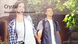  Presentation with old couple walking - Amazing PPT theme having travelers walking around old town backdrop and a  colored foreground