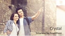  Presentation with old couple walking - PPT theme with travelers walking around old town background and a soft green colored foreground