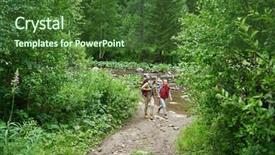  Presentation with backpacks - Slide deck featuring travelers with backpacks walking along green vegetation with small river on background background and a tawny brown colored foreground