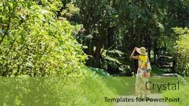  Presentation with hiking - Slide deck enhanced with traveling-asian-woman-hiking background and a yellow colored foreground