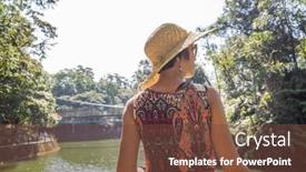  Presentation with water reservoir - Amazing PPT theme having traveling-asian-woman-walk-near backdrop and a tawny brown colored foreground