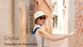  Presentation with asia - Beautiful slide deck featuring traveling-asian-woman-walking backdrop and a coral colored foreground