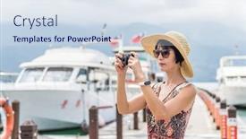  Presentation with take - Cool new PPT layouts with traveling-asian-woman-with-hat backdrop and a sky blue colored foreground