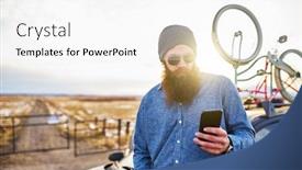  Presentation with car - Amazing theme having traveling bearded guy with bikes on his car using smart phone to look up directions backdrop and a white colored foreground