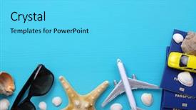  Presentation with traveler - Amazing presentation design having traveling car plane - traveler accessories on blue background backdrop and a  colored foreground