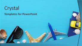  Presentation with traveler - Audience pleasing presentation design consisting of traveling car plane - traveler accessories on blue background backdrop and a  colored foreground