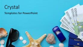  Presentation with accessories - Beautiful presentation design featuring traveling car plane - traveler accessories on blue background backdrop and a cyan colored foreground