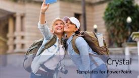  Presentation with tourists - PPT theme consisting of traveling city - happy female tourists taking background and a  colored foreground
