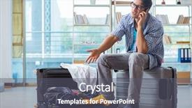  Presentation with luggage - PPT theme featuring traveling luggage - young man preparing for vacation background and a gray colored foreground
