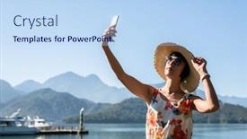  Presentation with selfie - Presentation design consisting of traveling-mature-asian-woman-selfie background and a light blue colored foreground