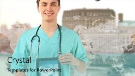  Presentation with travel concept silhouette - Beautiful slides featuring travel nursing concept yong doctor backdrop and a seafoam green colored foreground