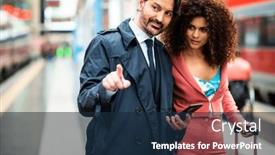  Presentation with information - Slide deck with traveling-woman-asking-for-information and a navy blue colored foreground