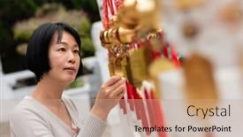  Presentation with golden belt - Beautiful slide set featuring traveling woman look at the golden bells of wish wall on wenwu temple taiwan backdrop and a coral colored foreground