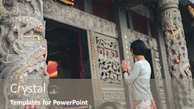  Presentation with woman praying over bible - Slide set having traveling woman praying at wenwu temple taiwan background and a gray colored foreground