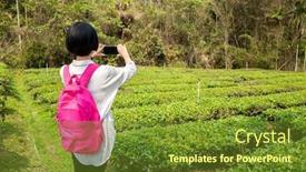  Presentation with take - Slide set enhanced with traveling woman take a picture in tea farm at taiwan background and a tawny brown colored foreground