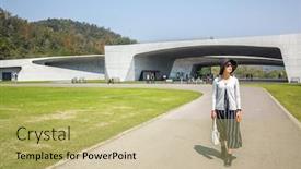  Presentation with walk - PPT theme with traveling-woman-walk-at-xiangshan background and a yellow colored foreground