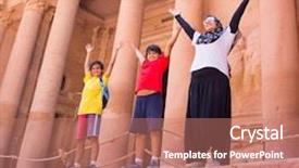  Presentation with petra - Colorful slide set enhanced with travellers visiting petra in jordan during summer trip backdrop and a coral colored foreground