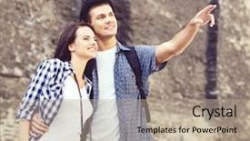  Presentation with old couple walking - Colorful presentation design enhanced with travellers walking around old town backdrop and a  colored foreground