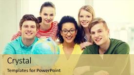  Presentation with travel globe - Colorful slide deck enhanced with students travelling - education travel and geography concept backdrop and a yellow colored foreground