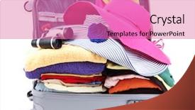  Presentation with silver frames - Slide deck having travelling bags - open silver suitcase with clothing background and a coral colored foreground