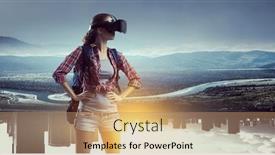  Presentation with backpack - Slide deck having travelling female tourist with backpack and vr helmet background and a coral colored foreground
