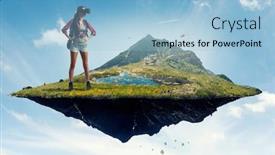  Presentation with tourist - Amazing presentation design having virtual reality tourism - travelling female tourist with backpack backdrop and a light blue colored foreground