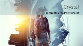  Presentation with tourist - Slide set consisting of travelling-female-tourist-with-backpack background and a light blue colored foreground