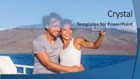  Presentation with honeymoon - PPT theme enhanced with travelling ferrie - cruise ship couple taking selfie background and a light blue colored foreground