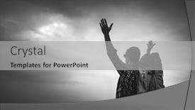  Presentation with gratitude - Beautiful slide deck featuring traveman traveling backpack with arms raised feeling the gratitude backdrop and a light gray colored foreground